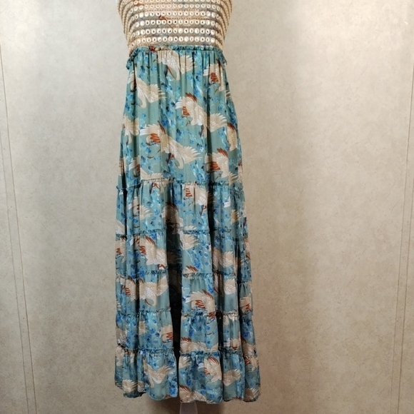 04099 Raga aqua, tan & rust bird print tiered satin strapless maxi dress M - Picture 3 of 14